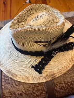 Natural Straw Fedora Hat with Black Band and Feather Trim